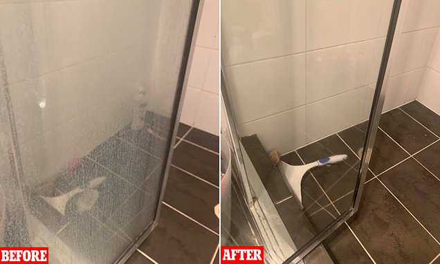 Shower door before cleaning and crystal clear after cleaning