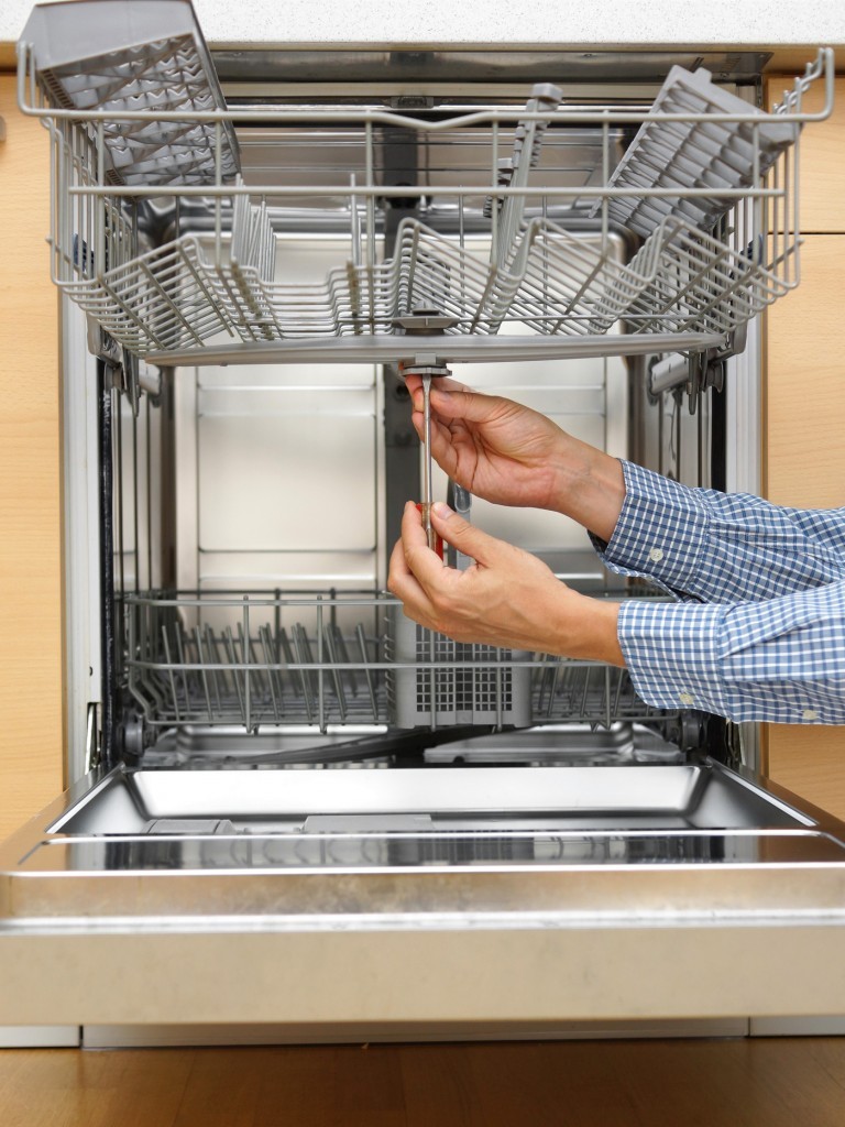 A person fix dishwasher with screwdriver